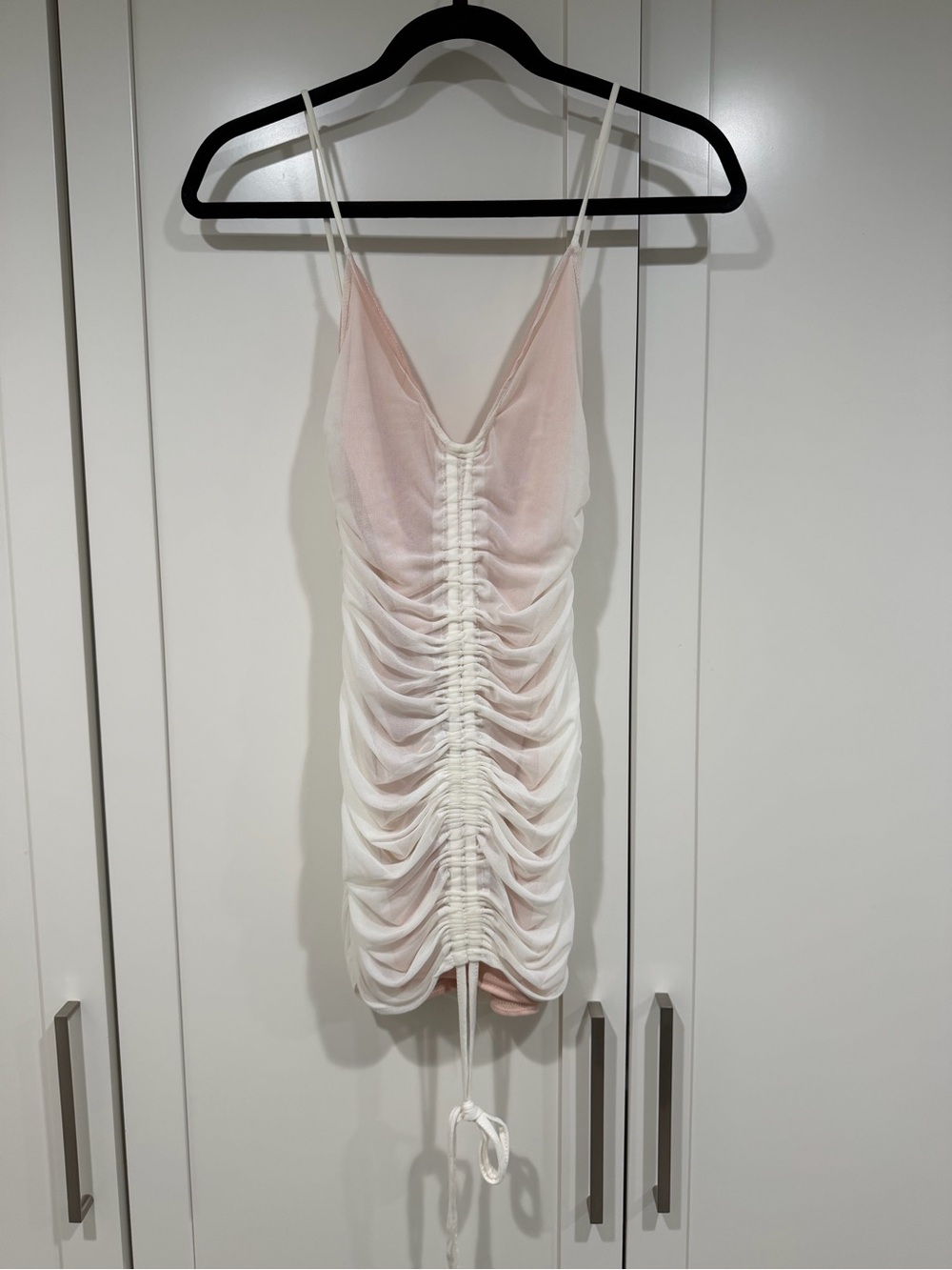 PrettyLittleThing - Ruched Spaghetti Strap Mini Dress in Blush White